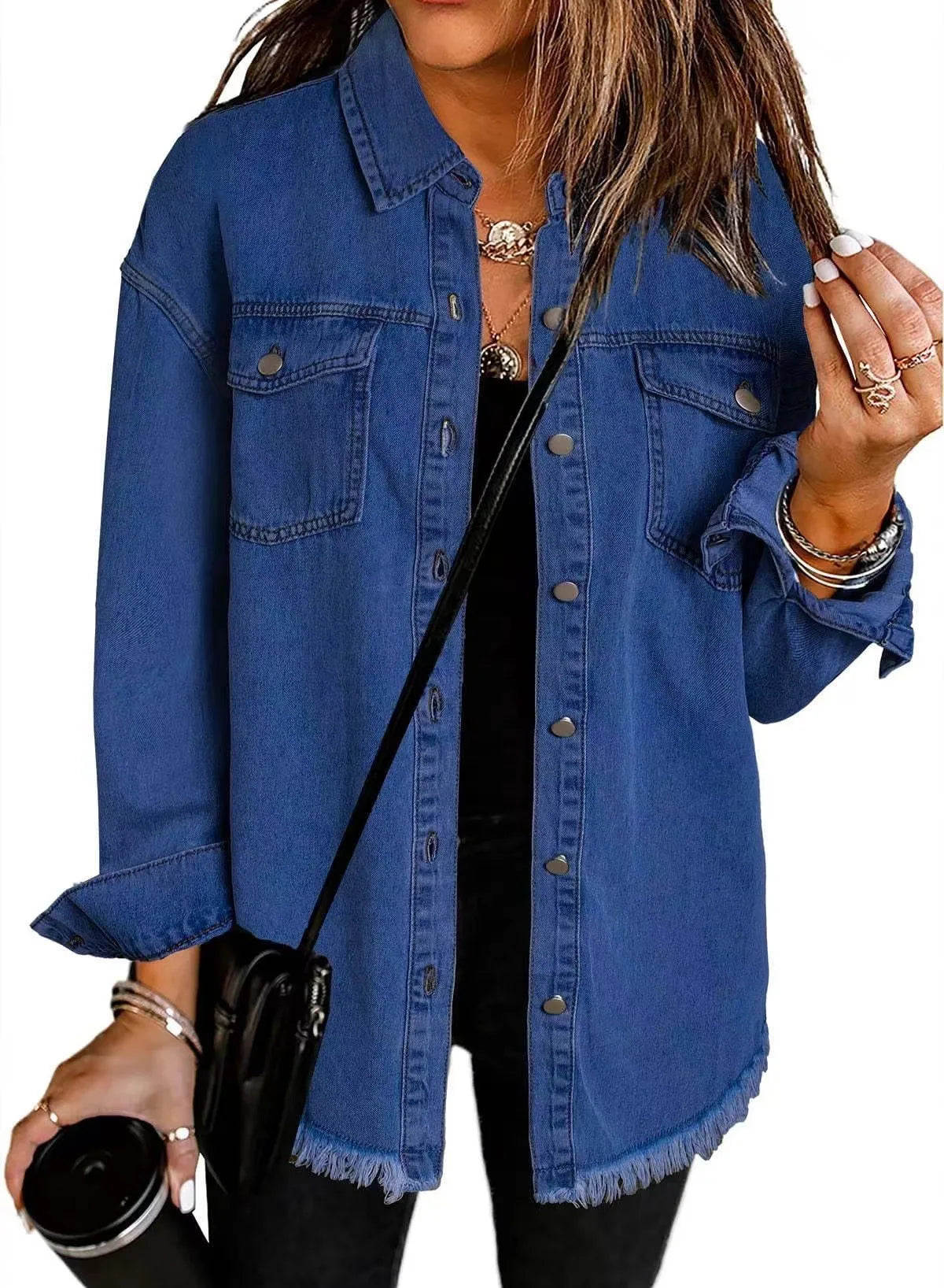Autumn Winter New Women's Outerwear Denim Shirt Jacket Washed Finish Distressed Hem Single Row Buttons Pockets Street Fashion