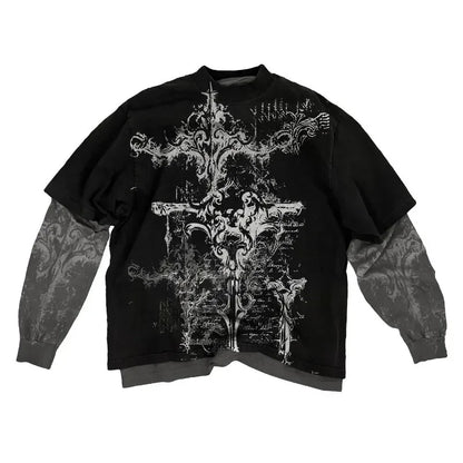 2000s American Skull Pattern Long sleeved T shirt Fashion Round Neck Oversized T shirt New Mens Casual Gothic Clothing Tops