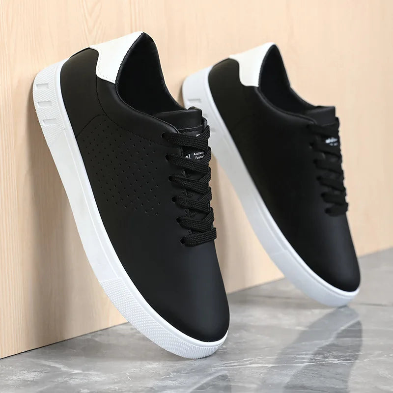 Men's Classic White Sneakers Casual Leather Lace-Up Shoes Breathable Perforated Lightweight Walking Shoes for Male