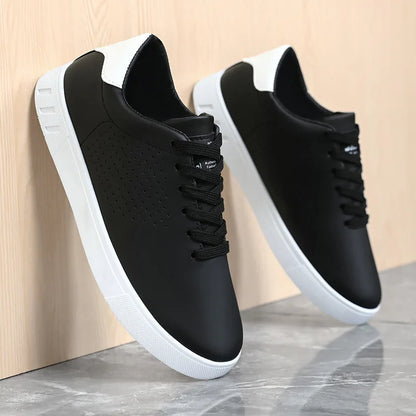 Men's Classic White Sneakers Casual Leather Lace-Up Shoes Breathable Perforated Lightweight Walking Shoes for Male