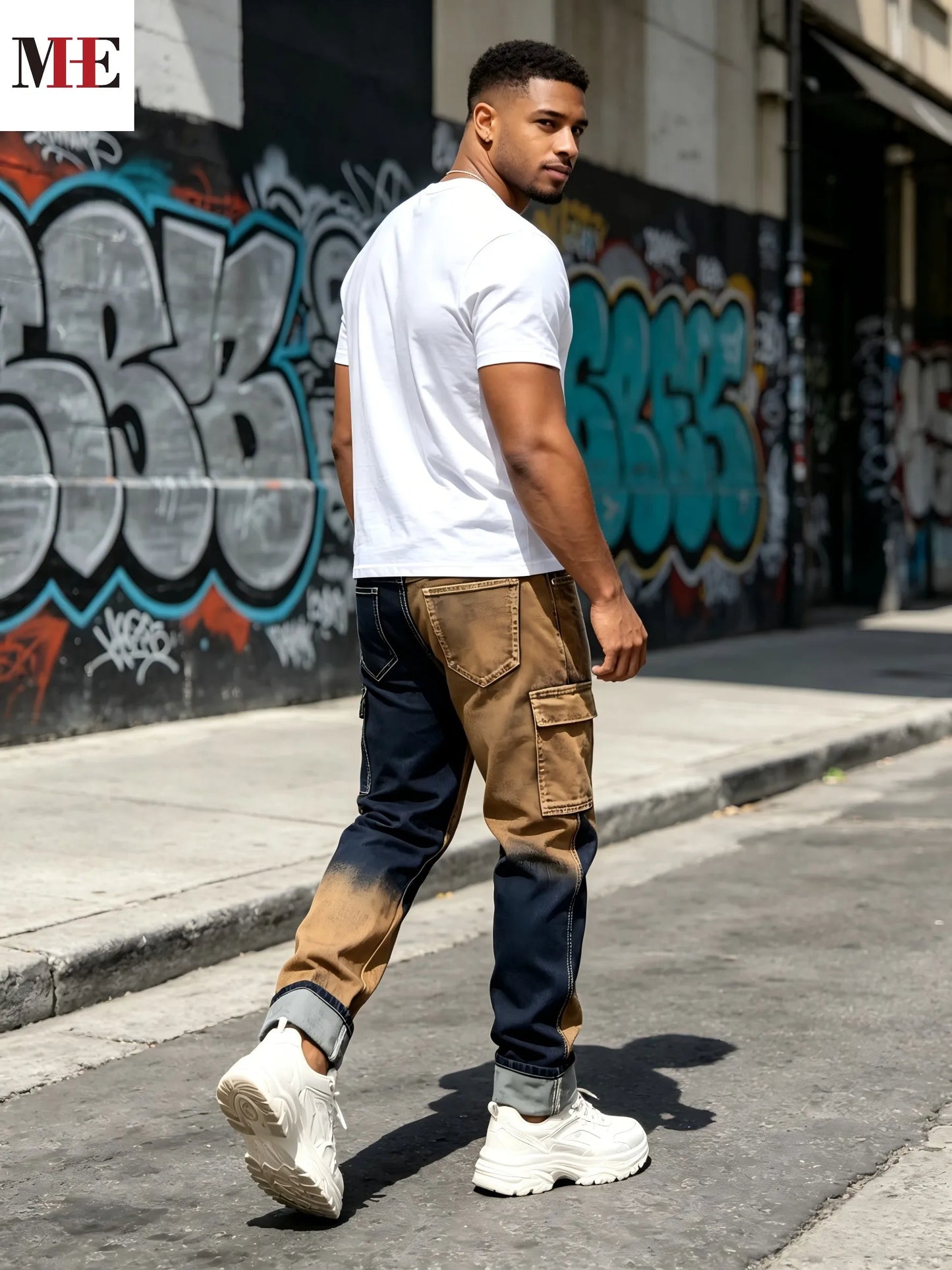 【HME】Men's jeans | Two-tone split gradient slim straight denim pants with dual side cargo pockets, stretch soft anti-fade contrast wash denim fabric, avant-garde street unique color block men's fashion denim pants.