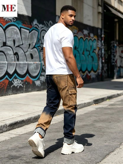 【HME】Men's jeans | Two-tone split gradient slim straight denim pants with dual side cargo pockets, stretch soft anti-fade contrast wash denim fabric, avant-garde street unique color block men's fashion denim pants.