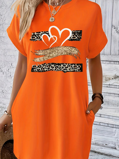 Women'S Casual Knit TShirt Dress with Heart  Print Crew Neck Short Sleeve Fashionable Top Black with Colorful Flag Design