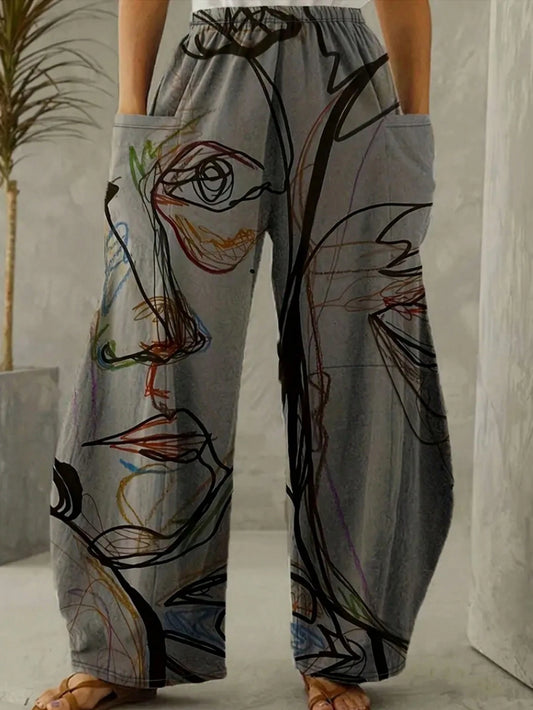 Plus Size Casual high waisted wide leg pants, loose straight leg, random printed pants, women's pants