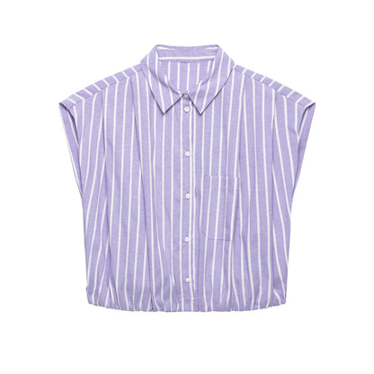 Women's Striped Short Shirts New 2026 Spring Summer Women Simple Sleeveless Puffed Hem Shirts & Blouses Female Chic Tops