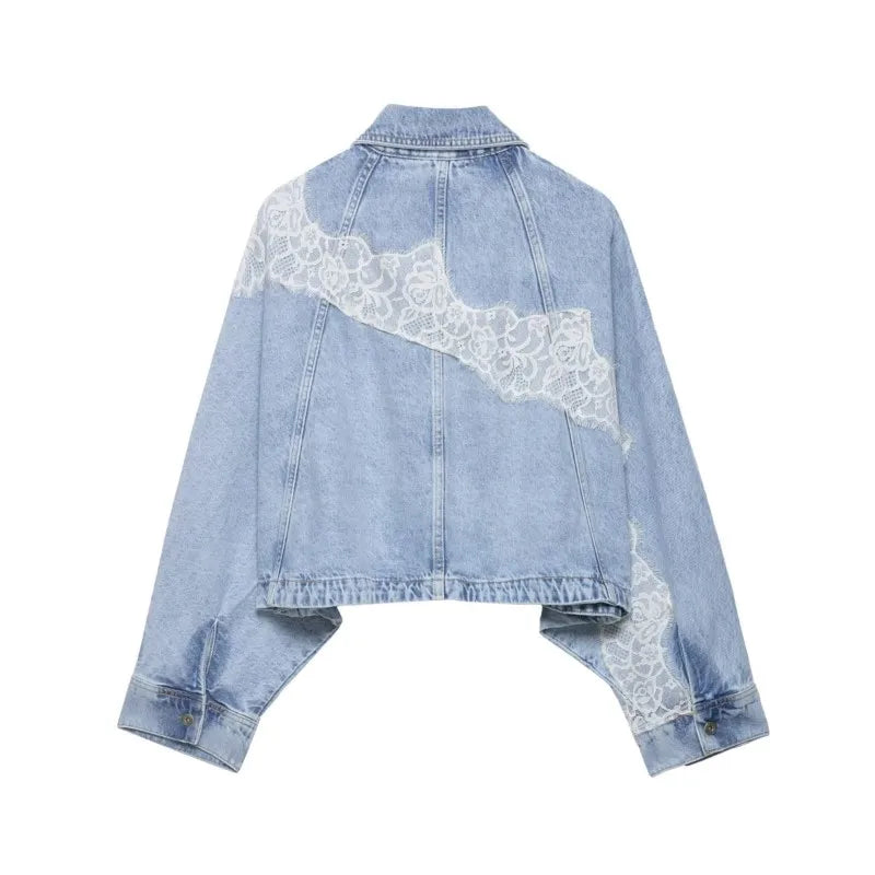 Women's Cropped Lace Denim Jacket New 2026 Spring Long Sleeve Button Female Chic Outerwears High Street Lady Chic Tops