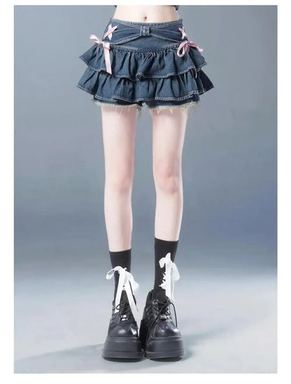 New Fashion Women Hot Girl Sweet Kawaii Bow Vintage Y2k Clothes American Streetwear Sexy Summer A-line Gothic Mini Denim Skirts
