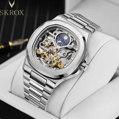 2026 High-end Luxury SKROX Square Man Watch Sapphire Stainless Steel Skeleton Moon Phase Classic Automatic Movement Male Watches