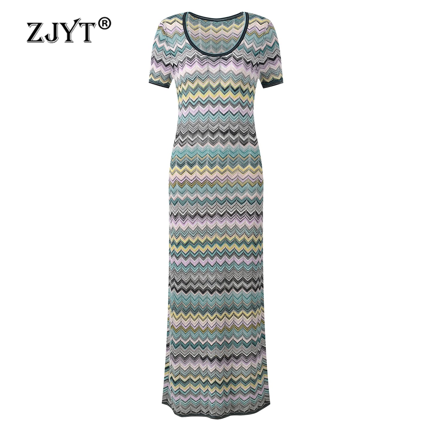 ZJYT Summer New 2026 Fashion Women's Midi Knitted Sweater Dresses Elegant Short Sleeve Striped Casual Holiday Beach Dress Ladies