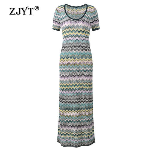 ZJYT Summer New 2026 Fashion Women's Midi Knitted Sweater Dresses Elegant Short Sleeve Striped Casual Holiday Beach Dress Ladies