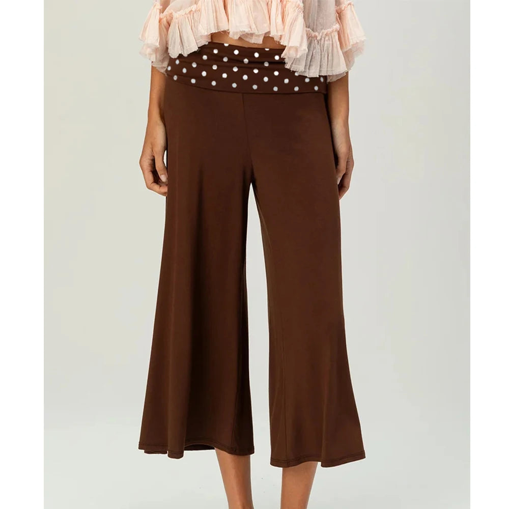 Women Vintage Fold Over Waist Gaucho Pants Low Rise Cropped Wide Leg Capri Pants y2k Foldover Culottes Yoga Pants Pajama Bottoms