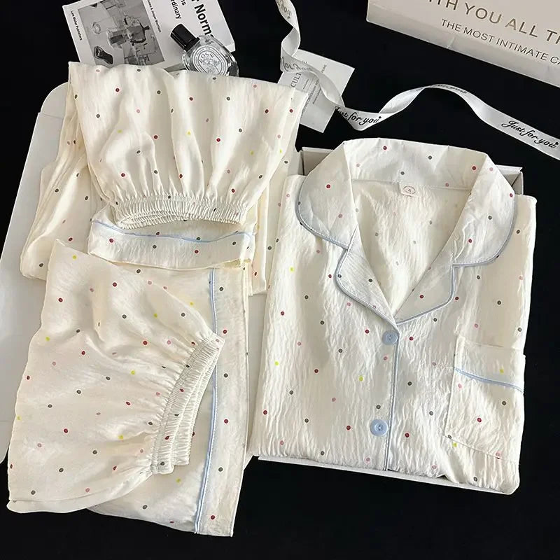 Polka Dot Elegant Women 3PCS Pajama Set Sleepwear Pajama Set Top and Pant with Shorts 3 Piece Set Home Suit Sweet Outfits Y2K