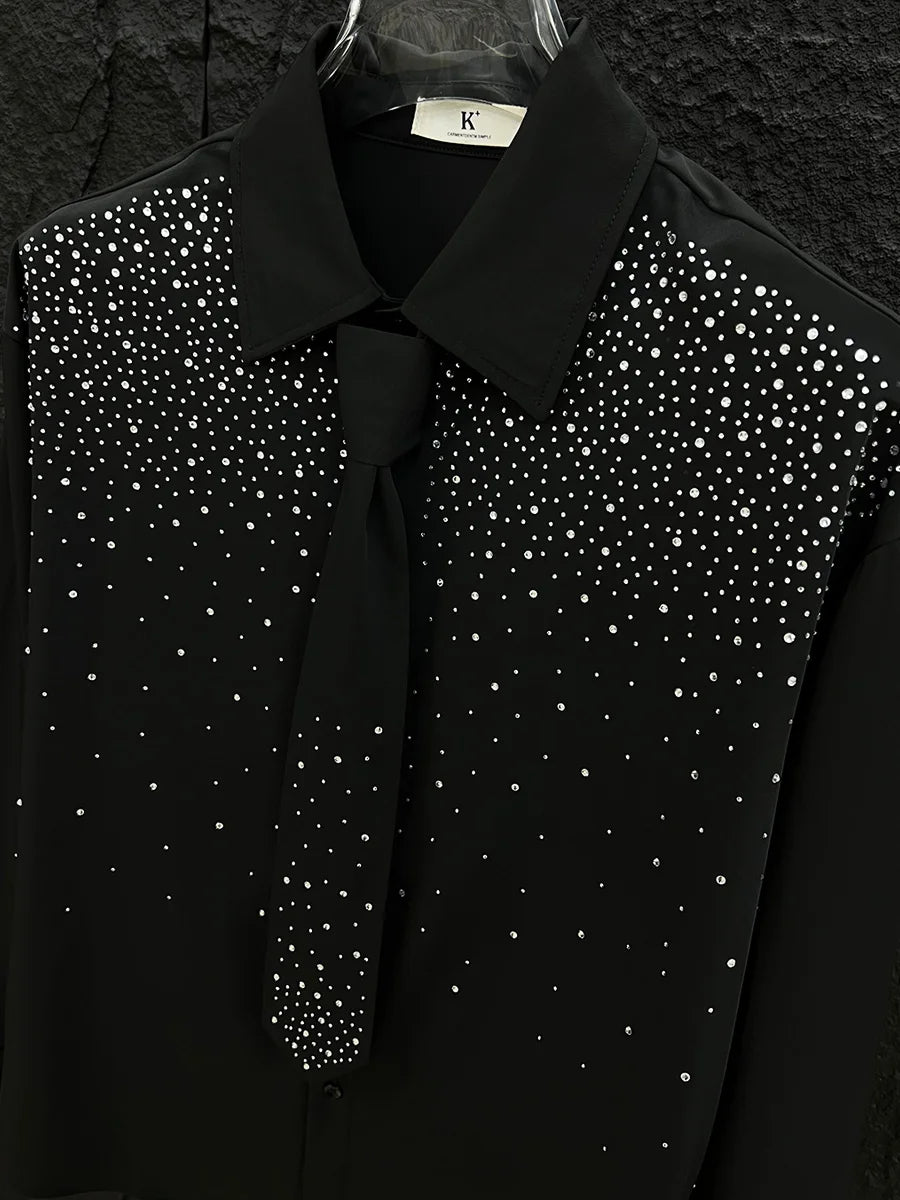 Men's 2025 Spring Summer New High-End Tops Fashion Rhinestone Long Sleeve Solid Color Shirts Men's Trendy Loose Comfort Shirts