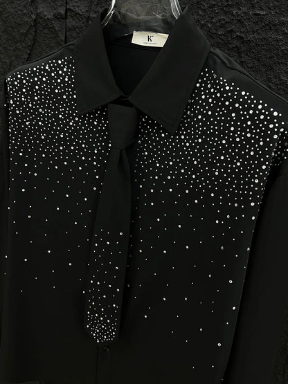 Men's 2025 Spring Summer New High-End Tops Fashion Rhinestone Long Sleeve Solid Color Shirts Men's Trendy Loose Comfort Shirts