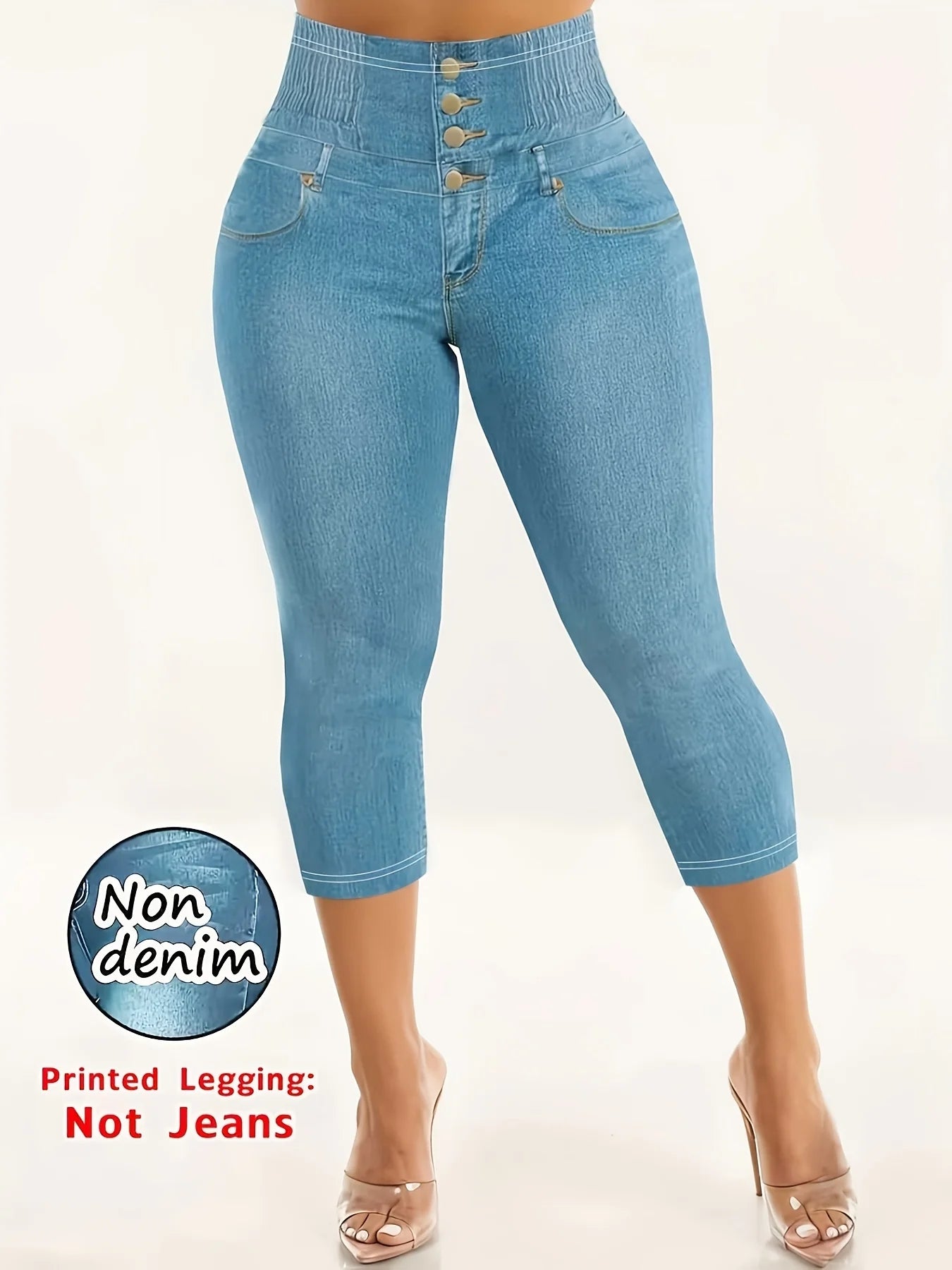 Women's Imitation Denim Leggings - Tight Yoga Stretch Pants - Women's Slim Printed Capri Pants - Stretch Non-sheer Trousers - We