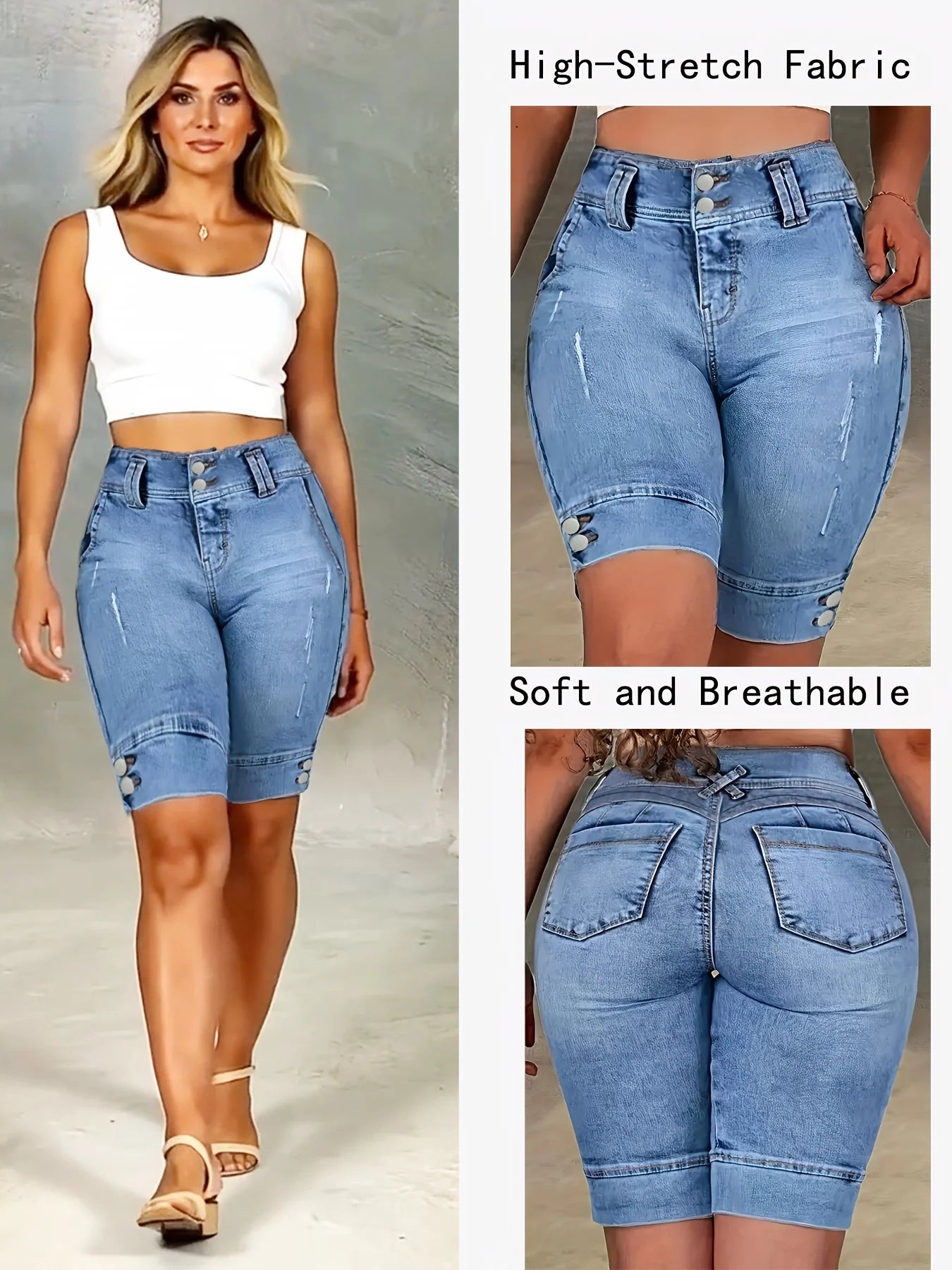 Ladies' Blue Double-Buckle Waist Slim Fit Jeans