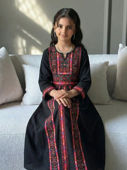 Black Embroidered Maxi Dress With Geometric Pattern, A-Line Long Sleeve, Bohemian Style