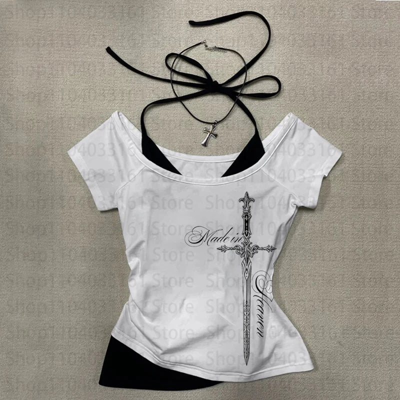 90s Summer Y2k EMO Tees Cool girl Punk Print Women Clothes Kpop Goth Graphic T Shirts 2000s Crop Top Women Slim Sexy Tees