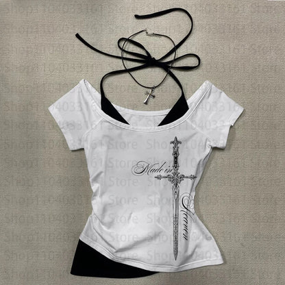 90s Summer Y2k EMO Tees Cool girl Punk Print Women Clothes Kpop Goth Graphic T Shirts 2000s Crop Top Women Slim Sexy Tees