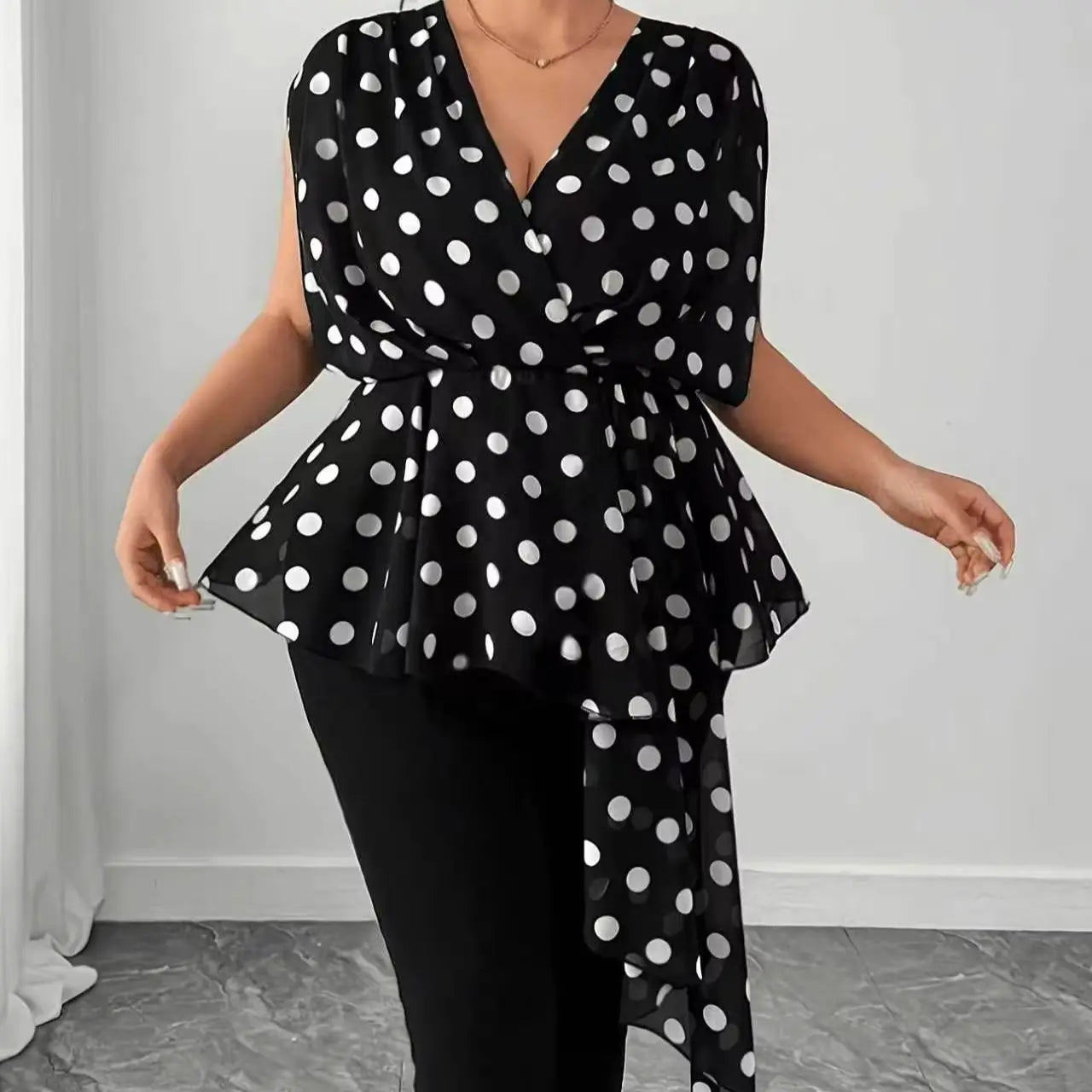 Plus Size Women's Black and White Polka Dot Peplum Shirt Top, Chiffon Sleeveless V-Neck Wrap Irregular Blouse with Drape Ties,