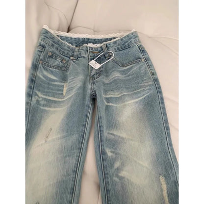 Botvotee Retro Classic American Vintage Denim Jeans for Women Low Waisted Straight 1950s/1960s Inspired Jeans Light Blue Pants