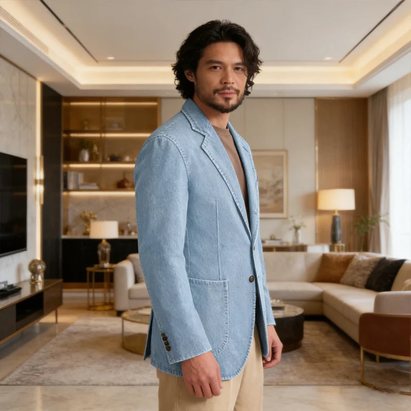 Men's Stretch Denim Blazer Classic Fit Notch Lapel 2 Button Suit Jacket Soft Breathable Business Casual Sport Coat with Pockets