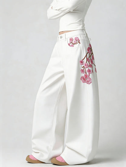 Women's White Embroidered High-Waist Loose Wide-Leg Jeans Y2K Street Trend Comfortable Everyday Versatile All-Season Pants