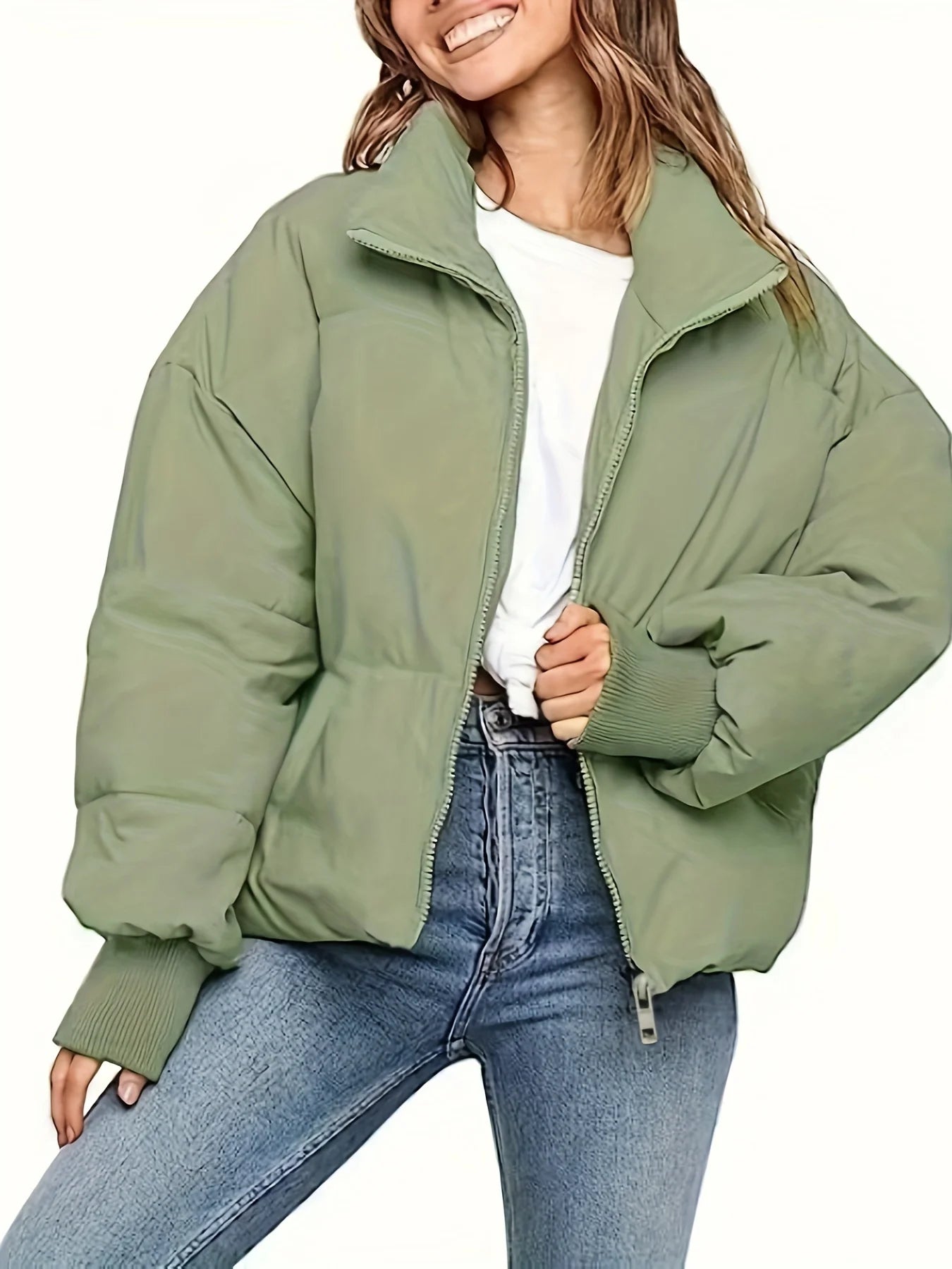 Thickened Oversized Cropped Puffer Jacket, Army Green Zip-Up Style, Women's Warm Top