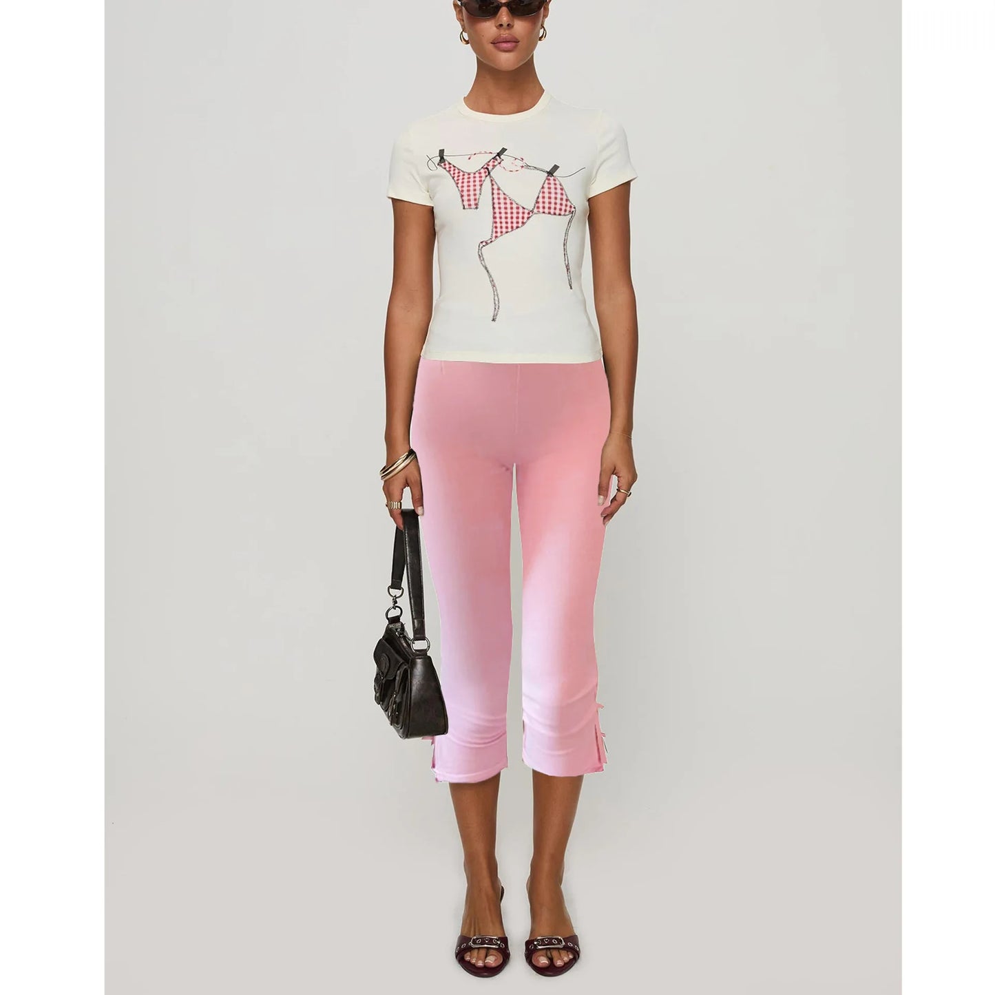 ONE TO WAN Women's Y2K Cute Capri Pants Solid Color Satin Bow Decor Side Split Summer Slim CroppedTrousers Stretch Crop Leggings