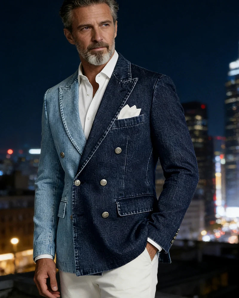 Men's Denim Suit Jacket Double Breasted Peak Lapel Slim Fit Cowboy Blazer Sports Coat Outing Date Night Trendy Party Prom