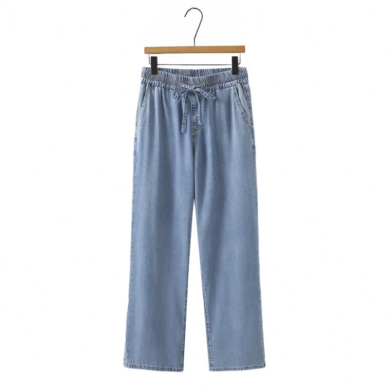 Summer 100KG Plus Size Thin Wide Leg Jeans Casual Premium Drawstring Elastic Waist Lyocell Denim Straight Pants For Women 9365