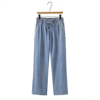 Summer 100KG Plus Size Thin Wide Leg Jeans Casual Premium Drawstring Elastic Waist Lyocell Denim Straight Pants For Women 9365