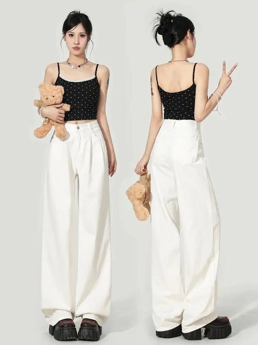 Y2K Korean Style Women's White High Waisted Wide Leg Jeans 2026 Spring Summer New Pleated Design Draped Casual Pants Streetwear