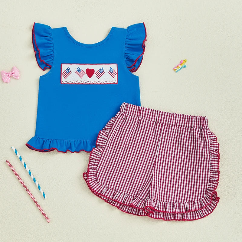 Infant Girl s Patriotic Outfit Red White Blue American Flag Heart Embroidered Flutter Sleeve Top Plaid Ruffle Shorts Set for