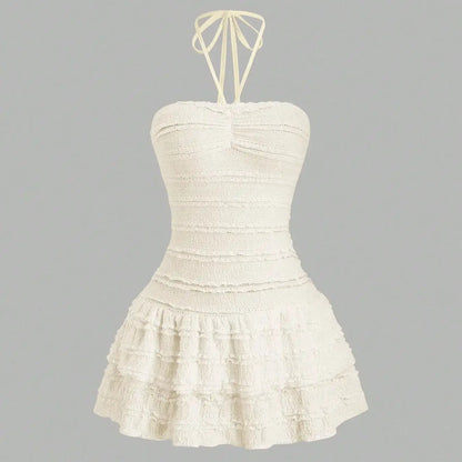Ladies Solid Color High Elastic Fabric Backless Neckline Mini Skirt with Hem Ruffle Design Elegant Casual Style