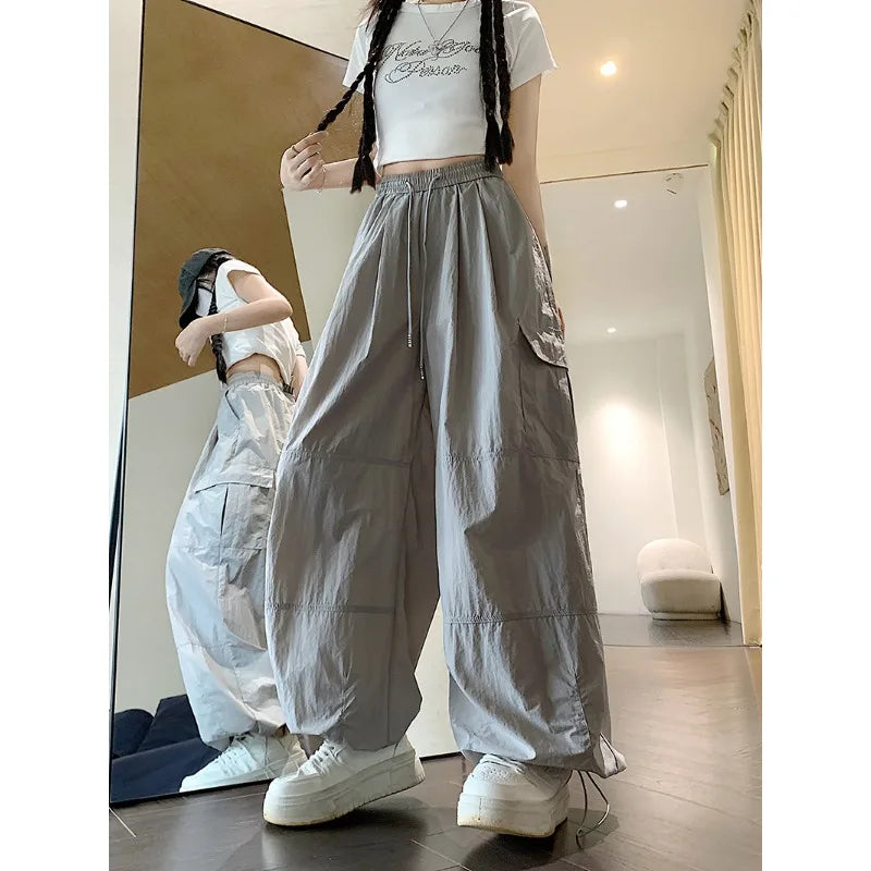 High Waist American Street Style Plus Size Women's Pants Solid Drawstring Cargo Pants Women Oversized Thin Summer New Trousers