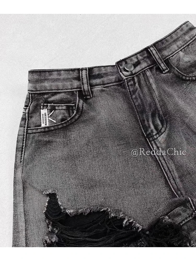 REDDACHiC 2000s Distressed Women Denim Shorts Destroyed Black Frayed High Waist Short Pants Trendy Summer Punk Grunge Streetwear