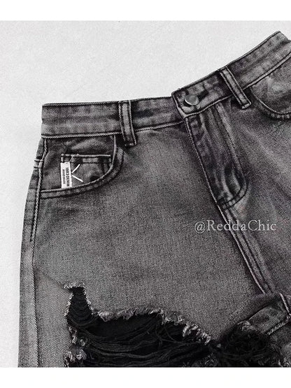 REDDACHiC 2000s Distressed Women Denim Shorts Destroyed Black Frayed High Waist Short Pants Trendy Summer Punk Grunge Streetwear