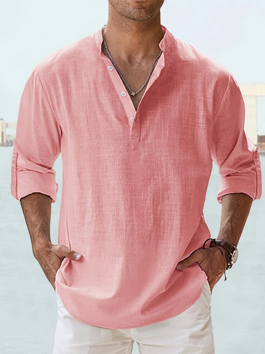Men's Linen Stand Collar Long Sleeve T-Shirt Loose Fit; Solid Color Long Sleeve Cotton Linen Shirt