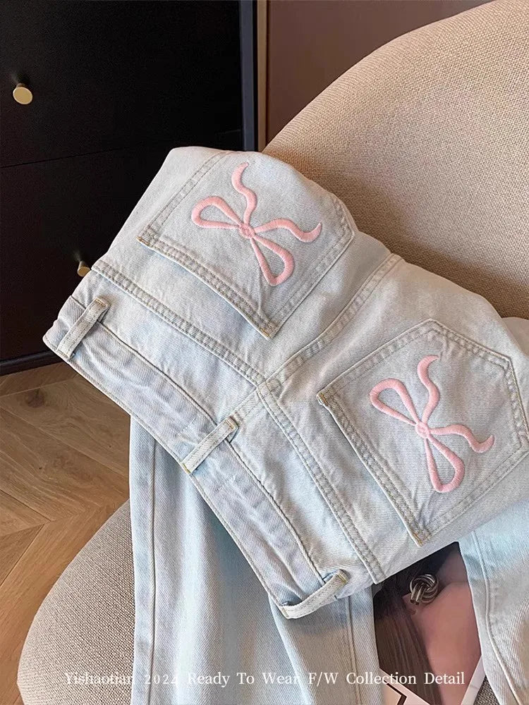 Womens Casual Loose Fit Jeans Relaxed Trousers High Waist Wide Leg Light Wash Embroidered Plus Size Comfort Jeans Women's jeans