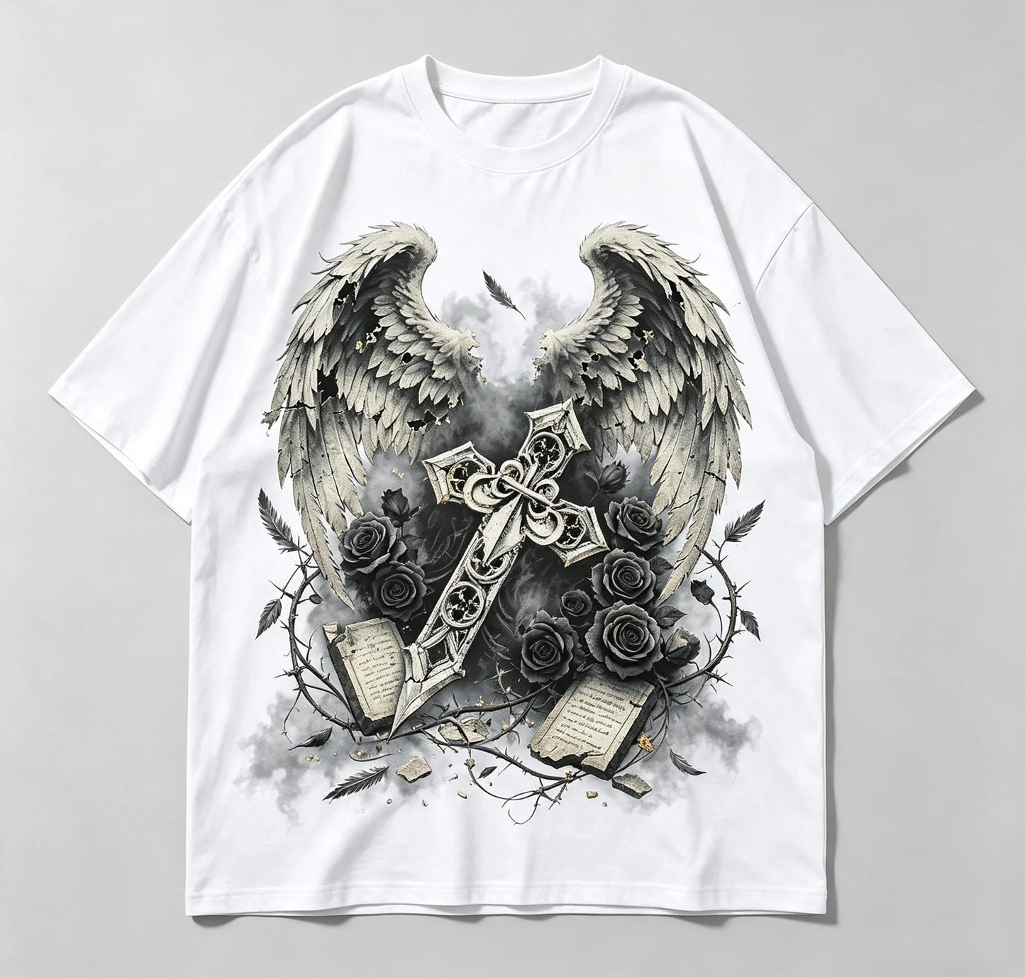 Vintage Gothic Angel Wings Cross Rose Graphic T Shirt Men Women Dark Aesthetic Streetwear Short Sleeve Casual Tee