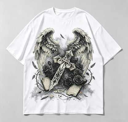 Vintage Gothic Angel Wings Cross Rose Graphic T Shirt Men Women Dark Aesthetic Streetwear Short Sleeve Casual Tee