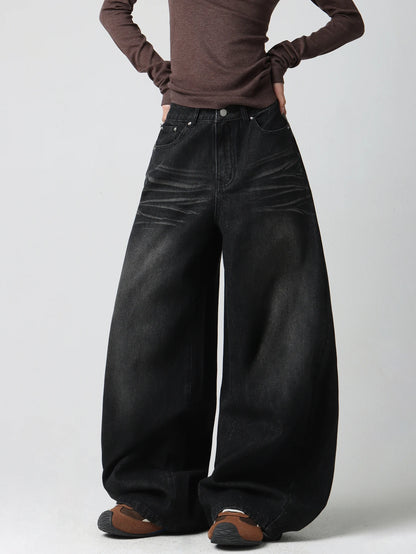Women's American Vintage Applique Embroidery Design Black Loose Wide-Leg Jeans