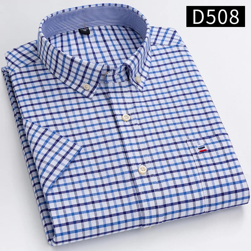 New Men's Social Shirt Short Sleeve 100% Pure Cotton Oxford Soft Buttoned Plaid Formal Male Clothes Pocket Social Shirt S-7XL