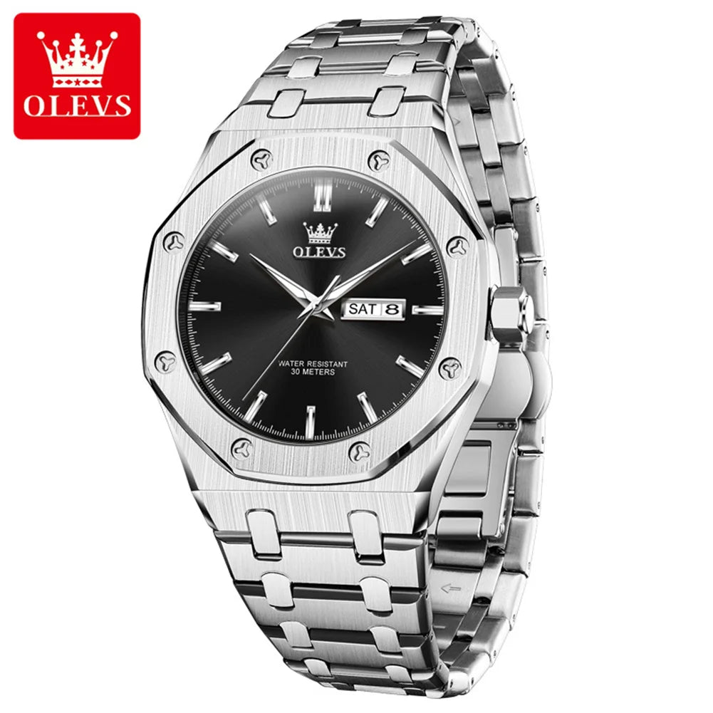 OLEVS Watches For Men Stainless Steel Strap Waterproof Luminous Dual Calendar Business Wristwatch Original Quartz Man Watch 3726