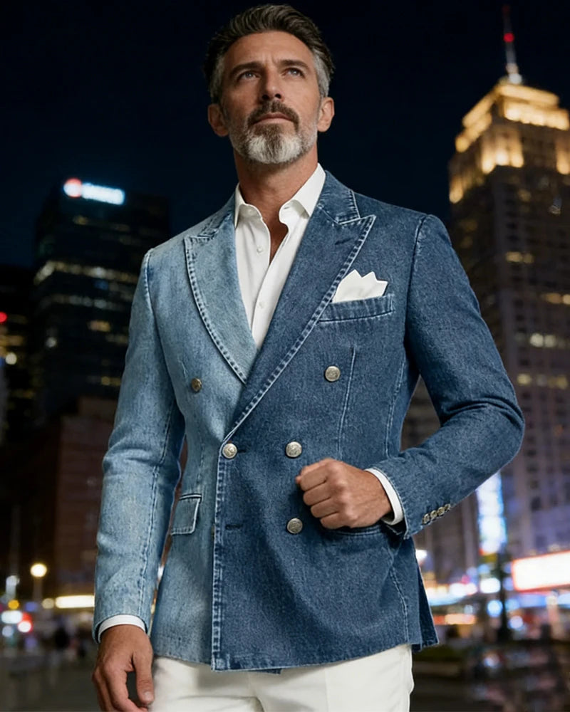 Men's Denim Suit Jacket Double Breasted Peak Lapel Slim Fit Cowboy Blazer Sports Coat Outing Date Night Trendy Party Prom