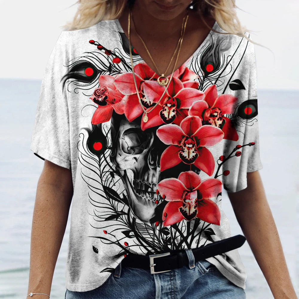 Skulls T-shirt Women's Shirt Fashion Short Sleeve New Casual Top Tee Ladies Girl Clothing V Neck T Shirt For Women