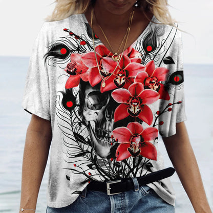 Skulls T-shirt Women's Shirt Fashion Short Sleeve New Casual Top Tee Ladies Girl Clothing V Neck T Shirt For Women