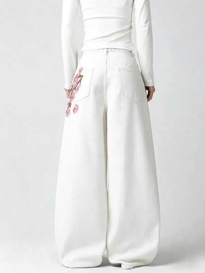 Women's White Embroidered High-Waist Loose Wide-Leg Jeans Y2K Street Trend Comfortable Everyday Versatile All-Season Pants