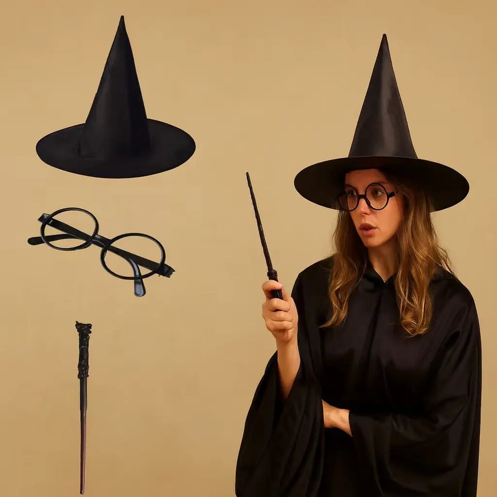 Halloween Wizard Costume Accessory Set Black Witch Hat Round Glasses Magic Wand Cosplay Props for Harry Potter Themed Party Fanc